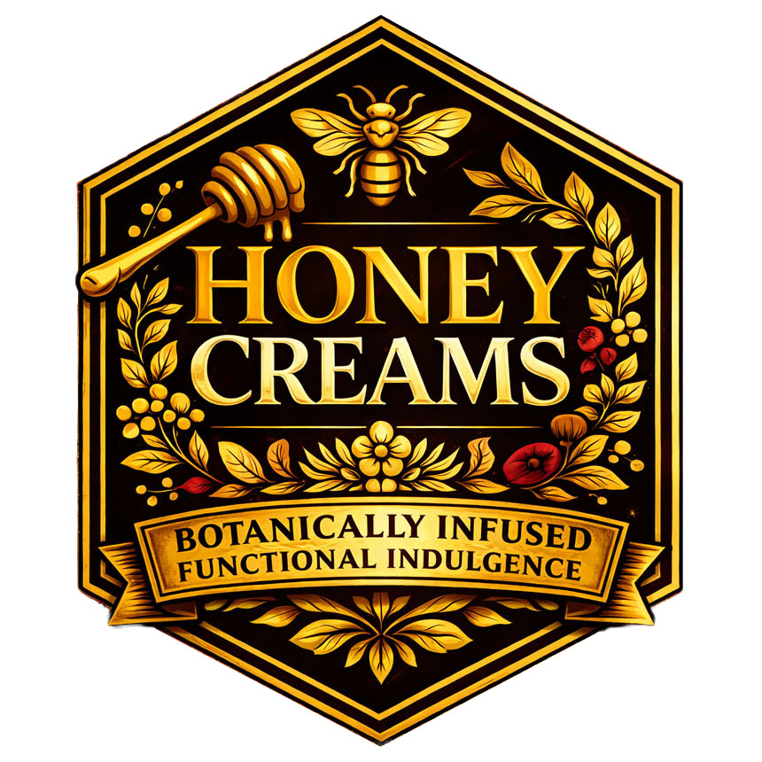 Honey Creams logo with bees and honey images and a banner reading, Botanically Infused Functional Ingulgence